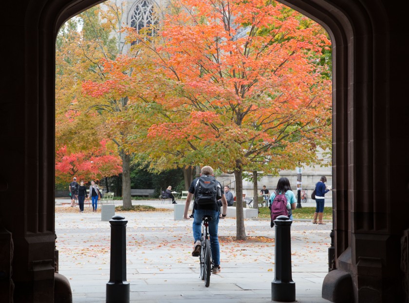 Bicyclist passing through arch